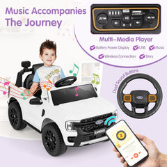 12V Licensed Ford Ranger Kids Ride On Truck with Multi Media Player, USB, Stories, Parent Remote and Headrest Seat, White