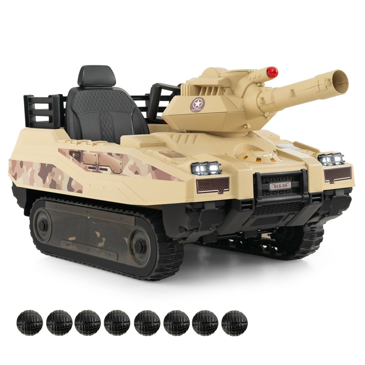 12V Kids Ride On Tank with Rotatable Turret, 8 Missiles, Rubber Tracks, Seat Belt and Parent Remote, Ages 37 to 95 Months, Khaki