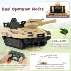 12V Kids Ride On Tank with Rotatable Turret, 8 Missiles, Rubber Tracks, Seat Belt and Parent Remote, Ages 37 to 95 Months, Khaki