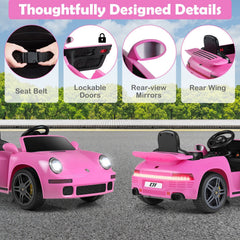 12V Licensed RUF CTR Kids Ride On Sports Car with 4 Songs, Rear Wing, Seat Belt and Parent Remote, 55 lb Limit, Pink