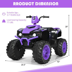 12V Kids Ride On ATV Quad with 77 lb Load Rating, Slow Start, High and Low Speed and LED Lights, Ages 3 to 7, Purple