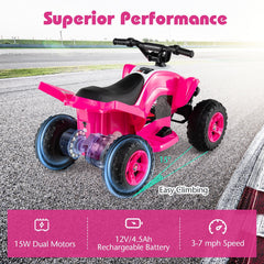 12V Kids Ride On ATV Quad with Anti Slip Handlebars, Wide Seat, LED Headlights and 66 lb Capacity, 3 to 7 mph, Pink