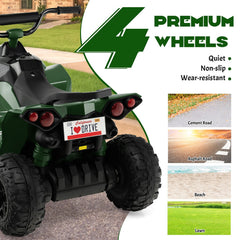 12V Kids Ride On ATV Quad with Quiet Non Slip Wheels for Lawn and Beach, 77 lb Capacity, High and Low Speed, Army Green