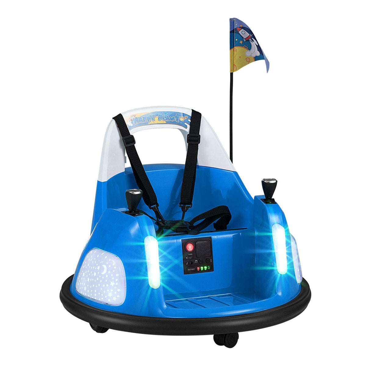 12V Kids Ride On Bumper Car with Pennant Flag, 5 Point Belt, Glow Lights and Parent Remote, 55 lb, Ages 18 to 72 Months, Blue