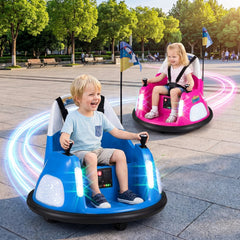 12V Kids Ride On Bumper Car with Pennant Flag, 5 Point Belt, Glow Lights and Parent Remote, 55 lb, Ages 18 to 72 Months, Blue