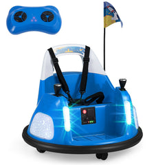 12V Kids Ride On Bumper Car with Pennant Flag, 5 Point Belt, Glow Lights and Parent Remote, 55 lb, Ages 18 to 72 Months, Blue