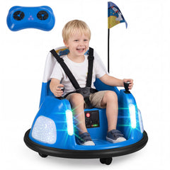 12V Kids Ride On Bumper Car with Pennant Flag, 5 Point Belt, Glow Lights and Parent Remote, 55 lb, Ages 18 to 72 Months, Blue