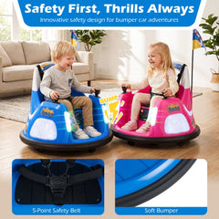 12V Kids Ride On Bumper Car with Pennant Flag, 5 Point Belt, Glow Lights and Parent Remote, 55 lb, Ages 18 to 72 Months, Blue