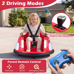 12V Kids Ride On Bumper Car with Glow in the Dark Lights, 3 Songs, 5 Point Belt and Parent Remote, 55 lb, Red