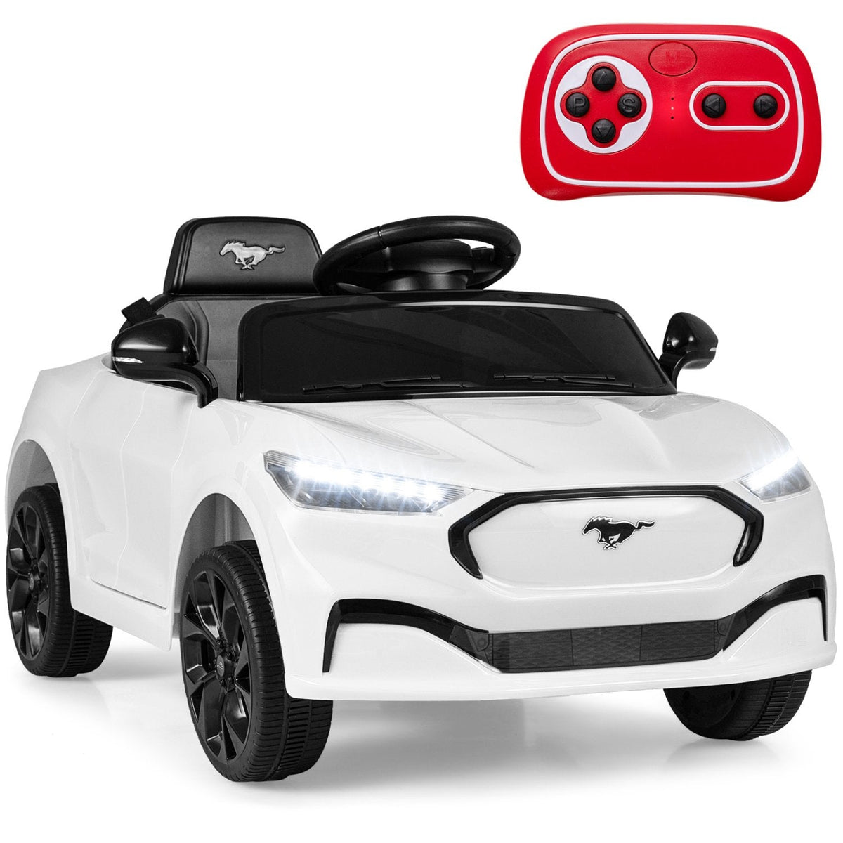 12V Licensed Ford Mach E Kids Ride On Car with High and Low Speed, 3 Level Remote, 3 Point Belt and USB, 66 lb, White