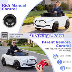 12V Licensed Ford Mach E Kids Ride On Car with High and Low Speed, 3 Level Remote, 3 Point Belt and USB, 66 lb, White