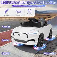 12V Licensed Ford Mach E Kids Ride On Car with High and Low Speed, 3 Level Remote, 3 Point Belt and USB, 66 lb, White