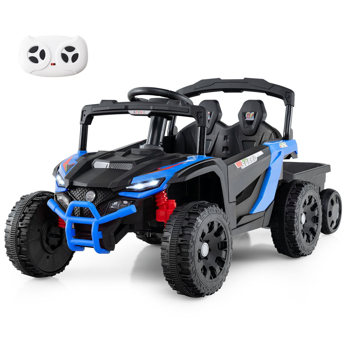 12V Kids Ride On UTV with Detachable Trailer, Dual 25W Motors, 2 Shock Absorbers and Parent Remote, 66 lb Limit, Black and Blue
