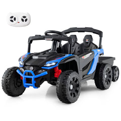 12V Kids Ride On UTV with Detachable Trailer, Dual 25W Motors, 2 Shock Absorbers and Parent Remote, 66 lb Limit, Black and Blue