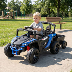 12V Kids Ride On UTV with Detachable Trailer, Dual 25W Motors, 2 Shock Absorbers and Parent Remote, 66 lb Limit, Black and Blue