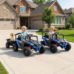 12V Kids Ride On UTV with Detachable Trailer, Dual 25W Motors, 2 Shock Absorbers and Parent Remote, 66 lb Limit, Black and Blue