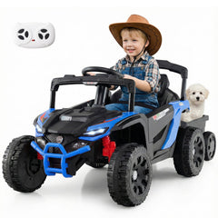 12V Kids Ride On UTV with Detachable Trailer, Dual 25W Motors, 2 Shock Absorbers and Parent Remote, 66 lb Limit, Black and Blue