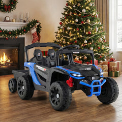 12V Kids Ride On UTV with Detachable Trailer, Dual 25W Motors, 2 Shock Absorbers and Parent Remote, 66 lb Limit, Black and Blue