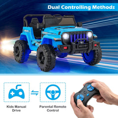 12V Kids 2 Seater Ride On Truck with 2.4G Remote, 3 Speeds, Spring Suspension and 17 in Bench, 77 lb, Blue