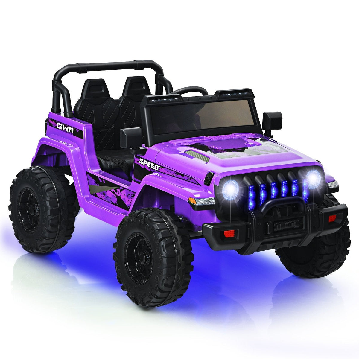12V Kids 2 Seater Ride On Truck with Music Player, USB, FM Radio, 2.4G Remote and 3 Speeds, 77 lb, Purple