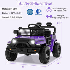 12V Kids Ride On Truck with Lockable Doors, Parent Remote, Emergency Brake and Spring Suspension, 66 lb, Purple