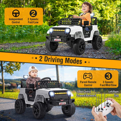 12V Kids Ride On Truck with Labelled Control Panel, Parent Remote, 3 Speeds and 10 in Clearance, 66 lb, White