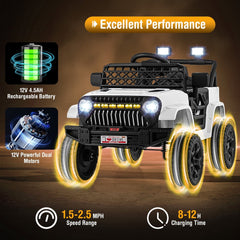12V Kids Ride On Truck with Labelled Control Panel, Parent Remote, 3 Speeds and 10 in Clearance, 66 lb, White