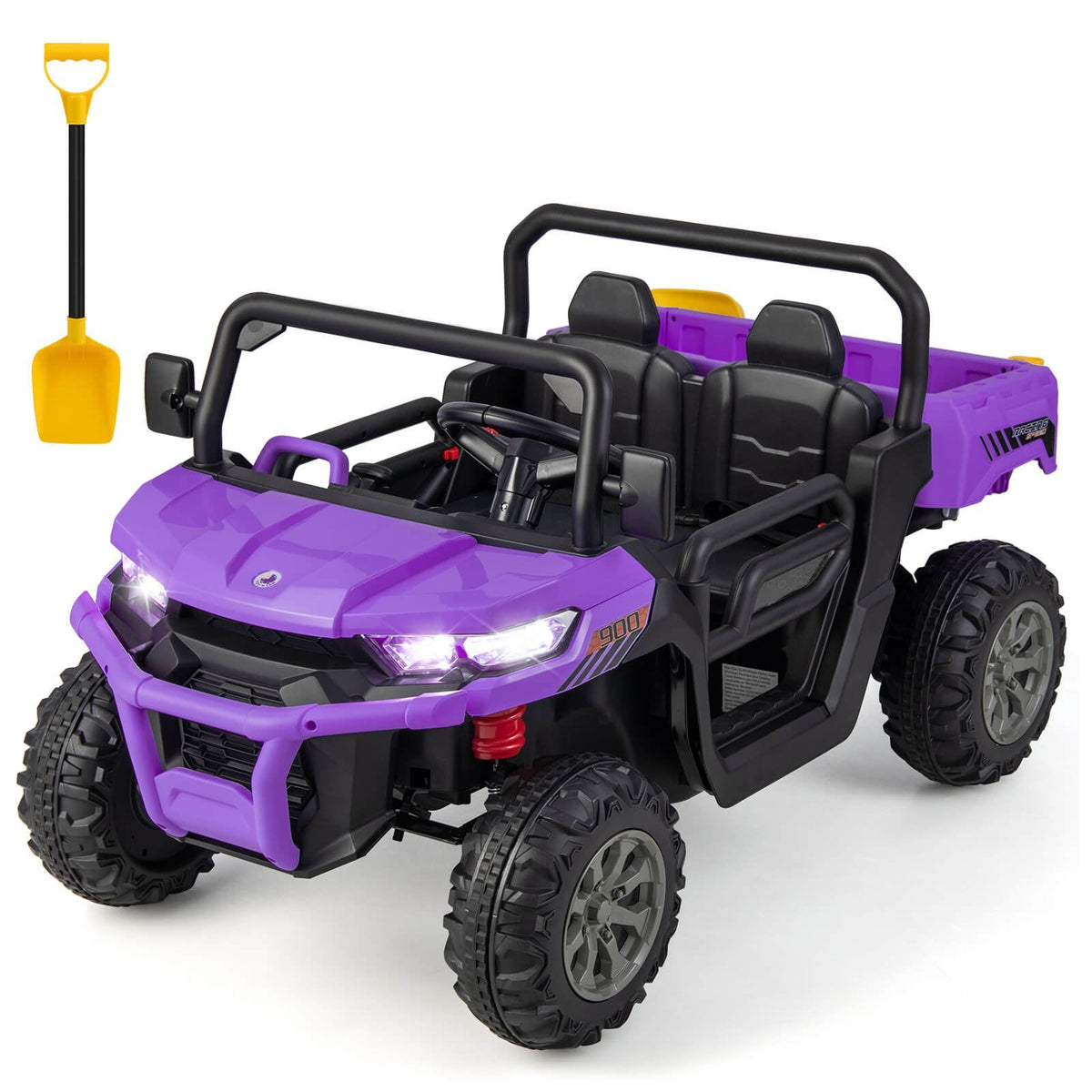 12V 2 Seater Kids Ride On Dump Truck with Electric Dump Bed, Shovel, Parental Remote and 2 x 35W Motors, Purple