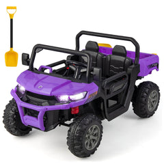 12V 2 Seater Kids Ride On Dump Truck with Electric Dump Bed, Shovel, Parental Remote and 2 x 35W Motors, Purple