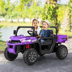 12V 2 Seater Kids Ride On Dump Truck with Electric Dump Bed, Shovel, Parental Remote and 2 x 35W Motors, Purple