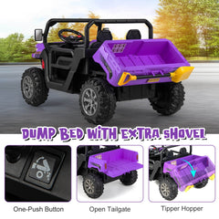 12V 2 Seater Kids Ride On Dump Truck with Electric Dump Bed, Shovel, Parental Remote and 2 x 35W Motors, Purple