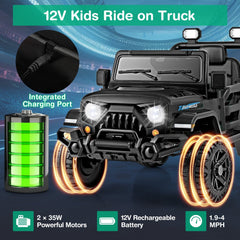 12V Kids Ride On Truck with Adjustable Belt, Parent Remote, Emergency Brake and All Terrain Wheels, 66 lb, Black