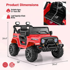 12V Kids Ride On Truck with Roof Searchlights, LED Headlights, 3 Speed Remote and Wireless Music, 66 lb, Red