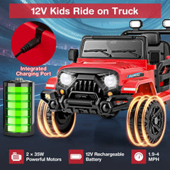 12V Kids Ride On Truck with Roof Searchlights, LED Headlights, 3 Speed Remote and Wireless Music, 66 lb, Red