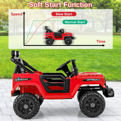 12V Kids Ride On Truck with Roof Searchlights, LED Headlights, 3 Speed Remote and Wireless Music, 66 lb, Red