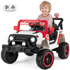 12V Kids Ride On Truck with Slow Start and Stop, Adjustable Harness, USB, AUX and 3 Speed Remote, 66 lb, Red Trim