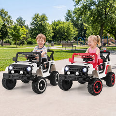12V Kids Ride On Truck with Slow Start and Stop, Adjustable Harness, USB, AUX and 3 Speed Remote, 66 lb, Red Trim