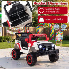 12V Kids Ride On Truck with Slow Start and Stop, Adjustable Harness, USB, AUX and 3 Speed Remote, 66 lb, Red Trim