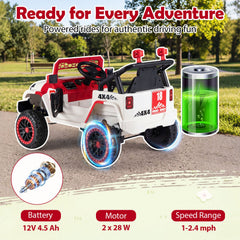 12V Kids Ride On Truck with Slow Start and Stop, Adjustable Harness, USB, AUX and 3 Speed Remote, 66 lb, Red Trim
