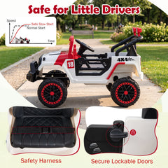 12V Kids Ride On Truck with Slow Start and Stop, Adjustable Harness, USB, AUX and 3 Speed Remote, 66 lb, Red Trim