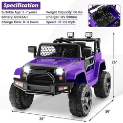 12V Kids Ride On Truck with 98 ft Range Parent Remote, 3 Speeds, Seat Belt, Door Locks and Spring Suspension, 66 lb, Purple