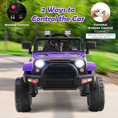 12V Kids Ride On Truck with 98 ft Range Parent Remote, 3 Speeds, Seat Belt, Door Locks and Spring Suspension, 66 lb, Purple