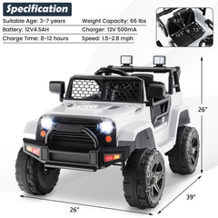 12V Kids Ride On Truck with Anti Slip Wheels, Parent Remote, 3 Speeds, Slow Start and Seat Belt, 66 lb, White