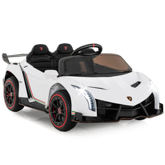 12V Licensed Lamborghini 4WD Kids Ride On Sports Car with Built In Transport Wheels and 2.4G Remote, 66 lb, White