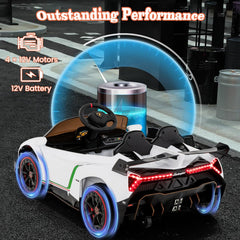 12V Licensed Lamborghini 4WD Kids Ride On Sports Car with Built In Transport Wheels and 2.4G Remote, 66 lb, White