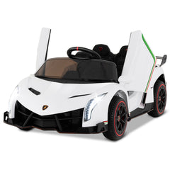 12V Licensed Lamborghini 4WD Kids Ride On Sports Car with Built In Transport Wheels and 2.4G Remote, 66 lb, White