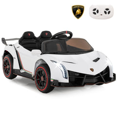 12V Licensed Lamborghini 4WD Kids Ride On Sports Car with Built In Transport Wheels and 2.4G Remote, 66 lb, White