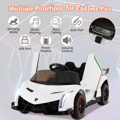 12V Licensed Lamborghini 4WD Kids Ride On Sports Car with Built In Transport Wheels and 2.4G Remote, 66 lb, White