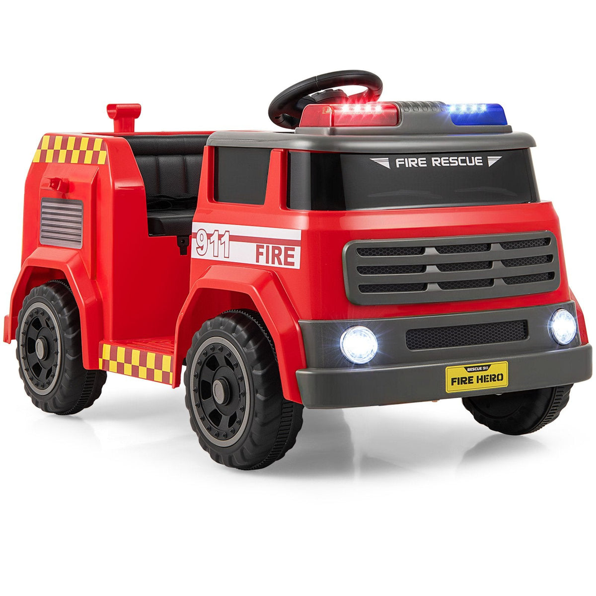 12V Kids Ride On Fire Truck with Water Tank and Gun, Shovel, Wrench, Siren and Parent Remote, 34 in, Red