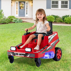 12V Kids Ride On Lawn Mower with Lit Translucent Deck, Spinning Blades, Fan Switch and Belt, 77 lb, Red